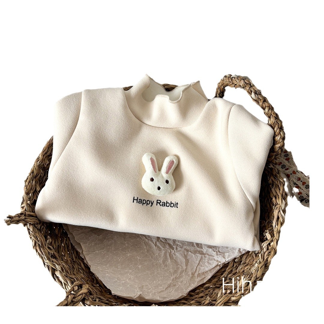 Girls Base Shirt Fleece Half High Collar Autumn and Winter New fleece-lined Children's Long Sleeve Thickened T-Shirt Korean Baby Top