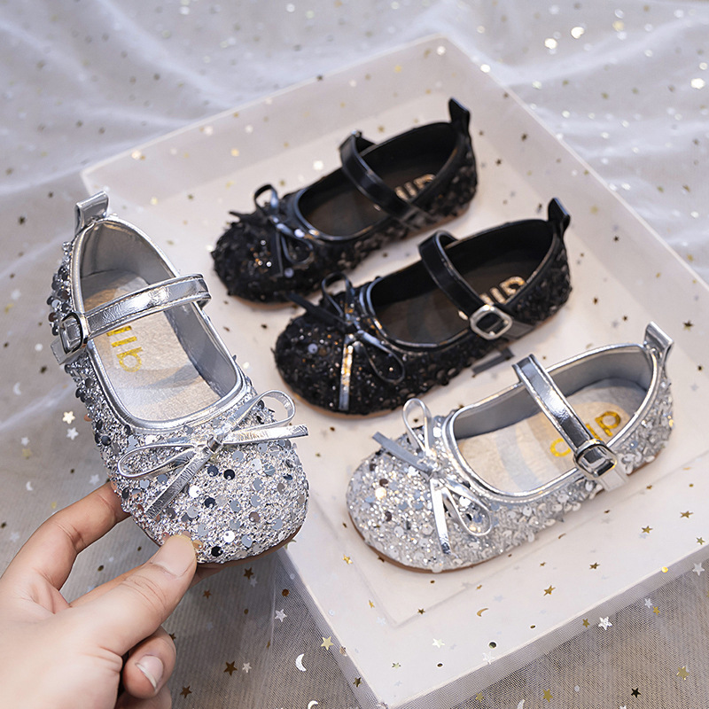 Children's Fashion Trend Rope Bow Small Leather Shoes Baby's Stylish Sequin Shallow Mouth Shoes Autumn New Children's Shoes