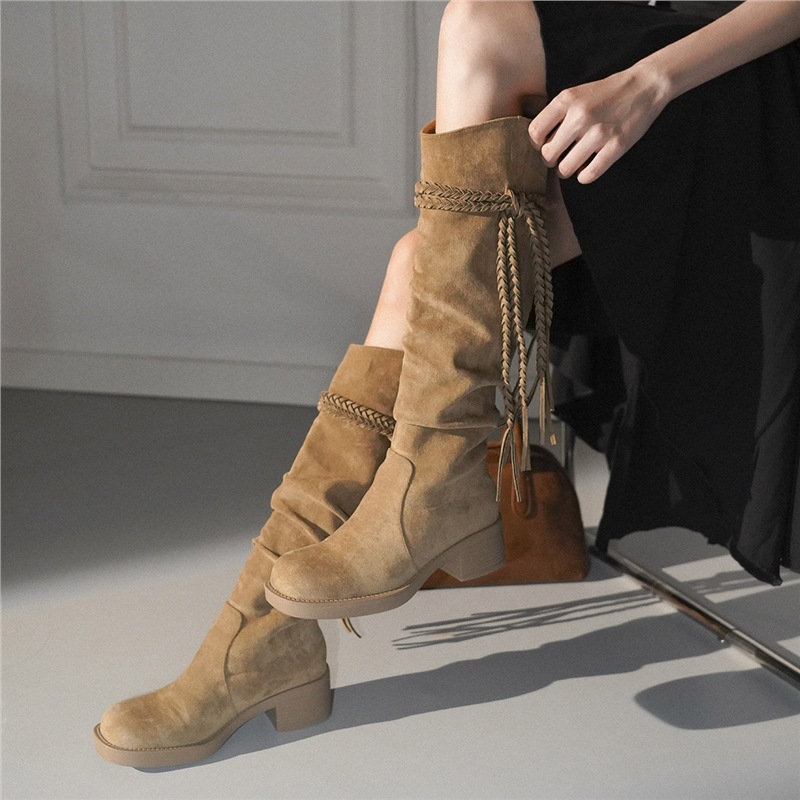 Sheepskin Version ~ Wasteland Retro Style Thick-Soled Boots for Women, Fashionable New Frosted Tassel Hemp Rope Thick Heel High Boots