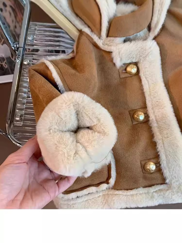 Girls' Fur-Lined Coat 2025 Autumn and Winter New Style Children's Fleece-Lined Thickened Winter Top for Toddlers and Young Children