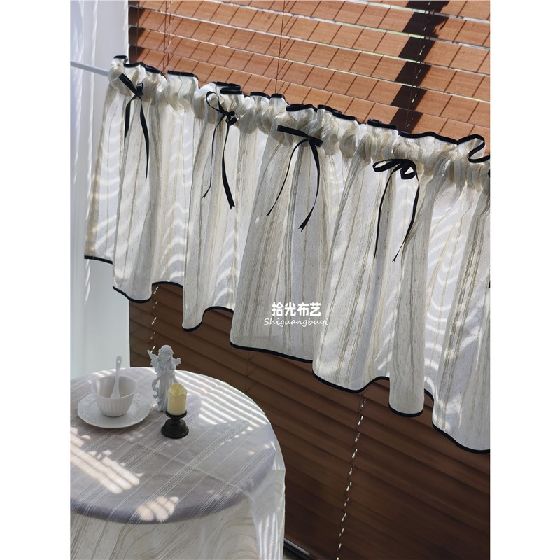 Retro Cotton and Linen Gauze Short Curtain Black Bow Half Curtain Partition Door Curtain Kitchen Window Curtain Cabinet Curtain Shielding Dustproof