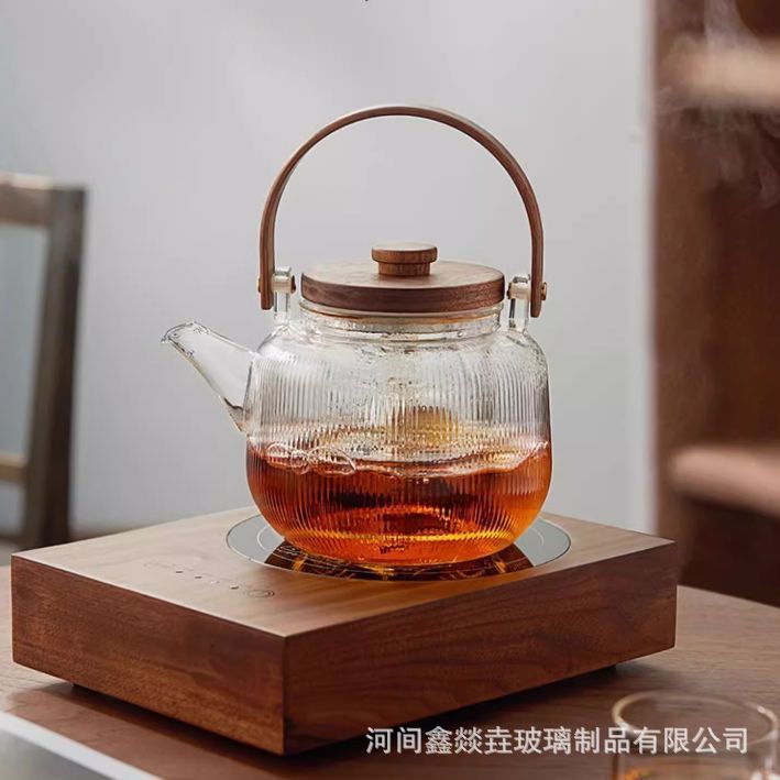 High Borosilicate Glass Teapot with Handle, Transparent Heat-Resistant Hammered Pattern, Bamboo Handle, Health-Preserving Flower Tea Brewing Teapot