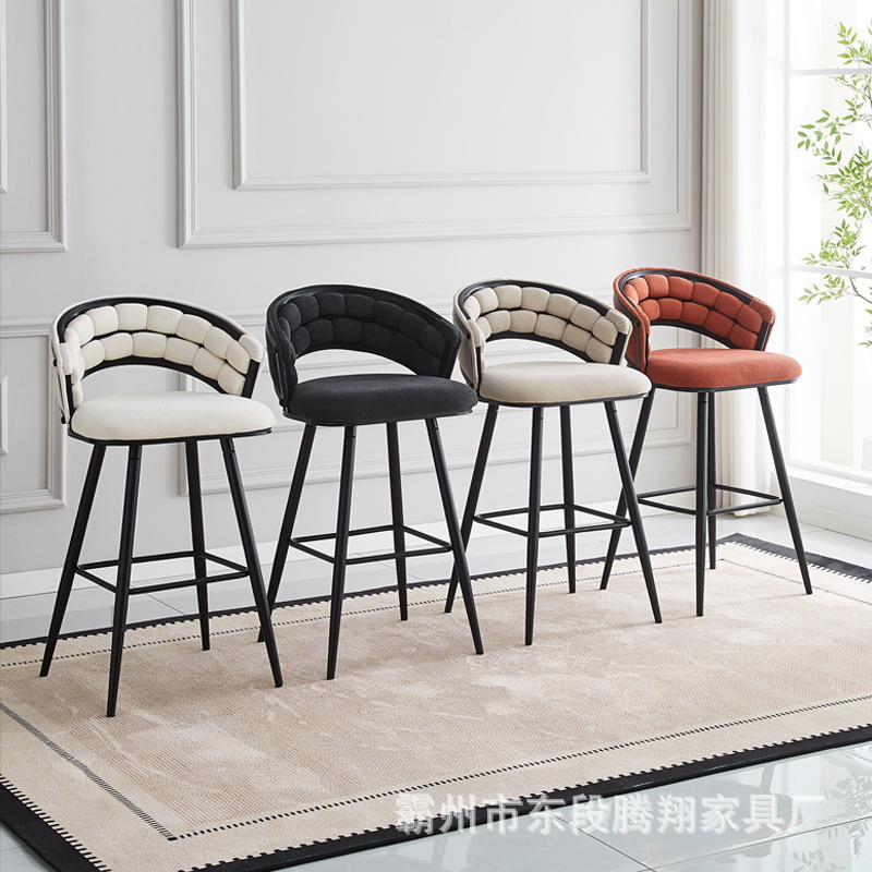 Luxurious Bar Chair with Diamond-Patterned Soft Upholstery, Curved Backrest, High Legs, and Contrasting Colors for Home Use