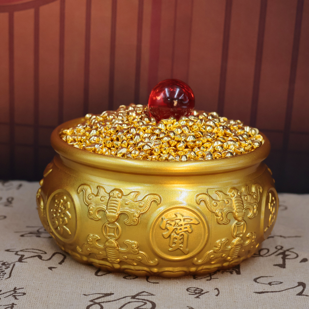 Brass Eight Blessings Double Fish Treasure Bowl Ornament, Wealth-Attracting Treasure Bowl Filled with Ingots, Entrance Desk Wealth-Attracting Craft