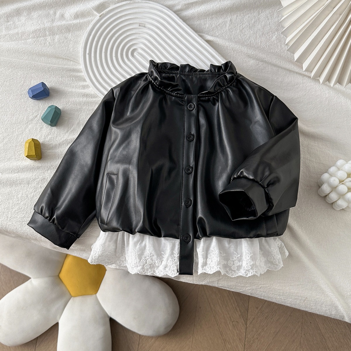 6762 New Korean Children's Clothing Girls' Outwears Autumn New Baby Girl Forest Lace Splicing Leather Jacket