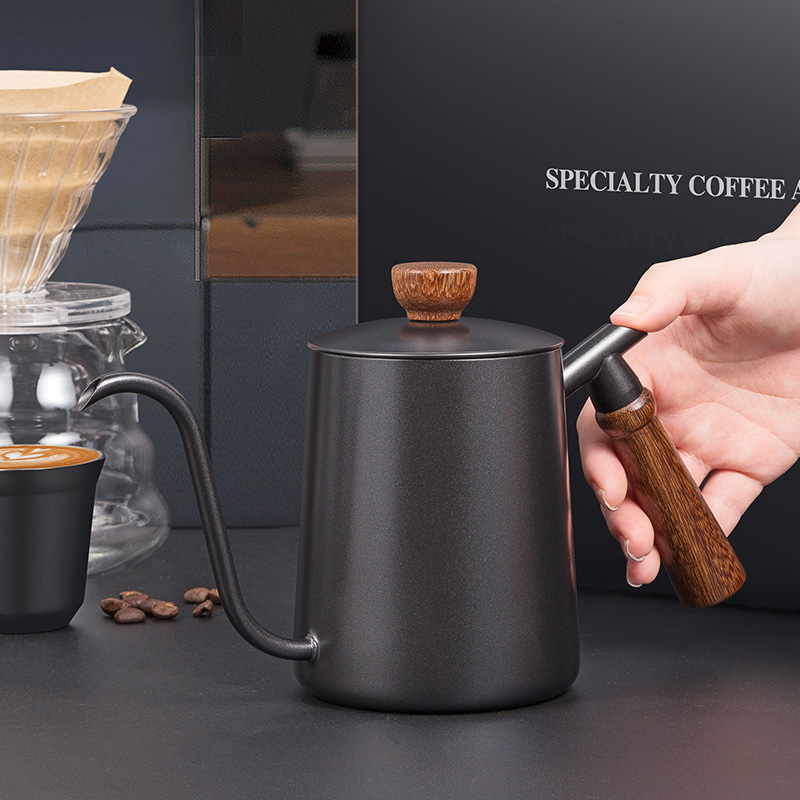 Hand punch pot 600ML solid wood handle hanging ear coffee brewing pot 304 stainless steel drip type household long mouth pot