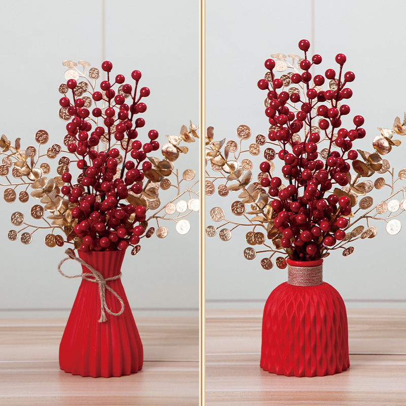 New Chinese-style Festival Artificial Flower Decoration Luckbag Vase Flat Fortune Red Fruit Plastic Decoration Wedding Persimmon Ruyi Pot