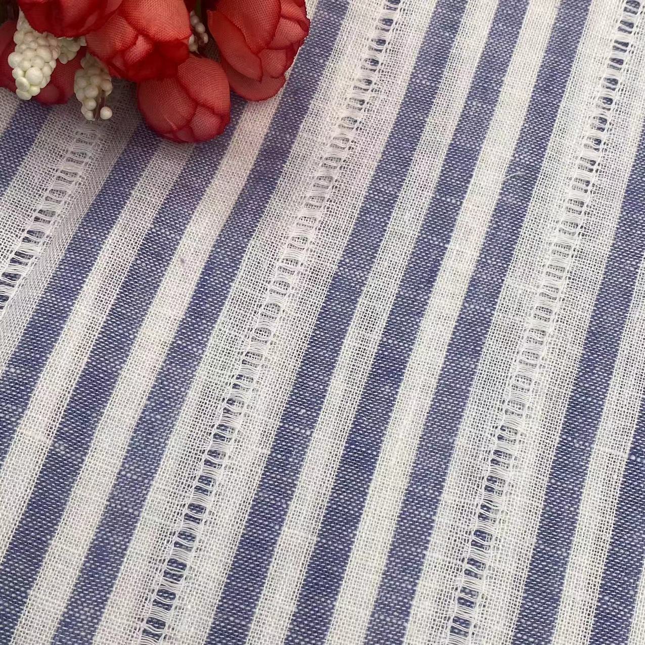L/R hemp cotton blue and white striped knit yarn-dyed fabric hollow shirt fabric spring and summer new factory direct supply