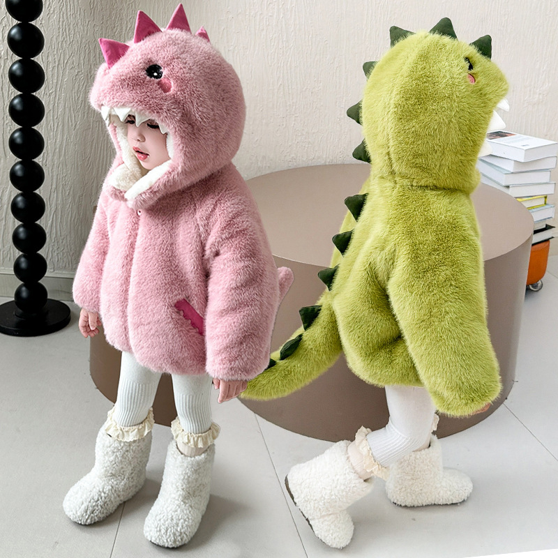 Флисовая куртка для мальчиков, осень-зима, новый стиль, утолщенный свитер с динозавром, милые меховые вещи для мальчиков