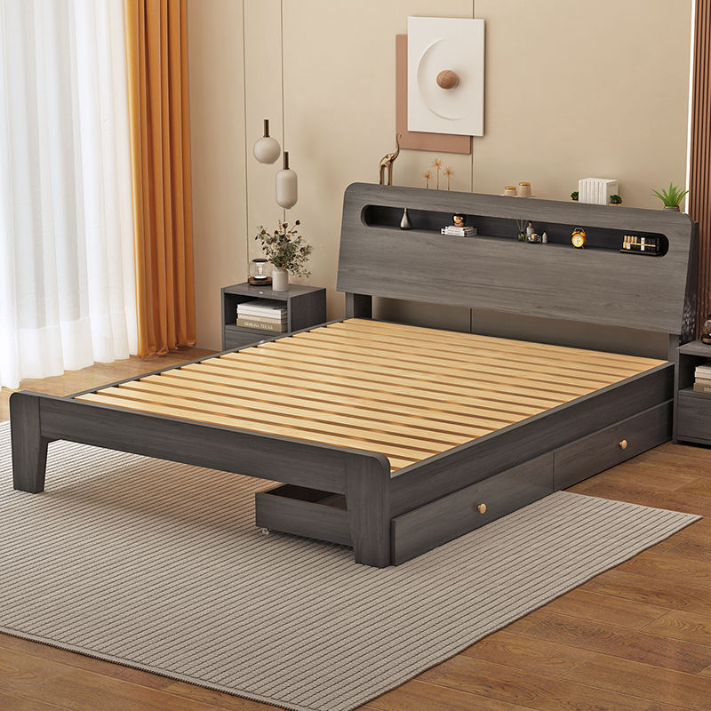 Solid Wood Bed Modern Simple Home Master Bedroom Double Bed 2025 New Rental House for Kidsren and Adults Solid Wood Bed Frame