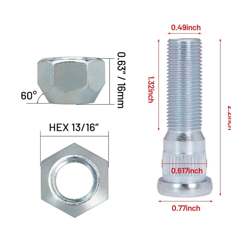 12 Sets Suitable for 3500 lb Trailer Axle 1/2-20Unf Inch Wheel Bolts and Nuts