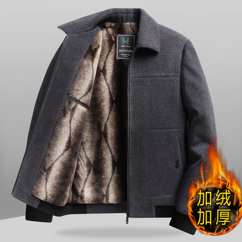 2024 New Fall/Winter Middle-aged Men's fleece-lined Thickened Jacket Lapel Jacket Dad Loose Top