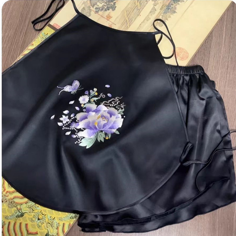 Вышитый пояс для живота, женское взрослое двойное искусственное шелковое нижнее белье, вышитые ретро-пижамы, сексуальный костюм с бретельками