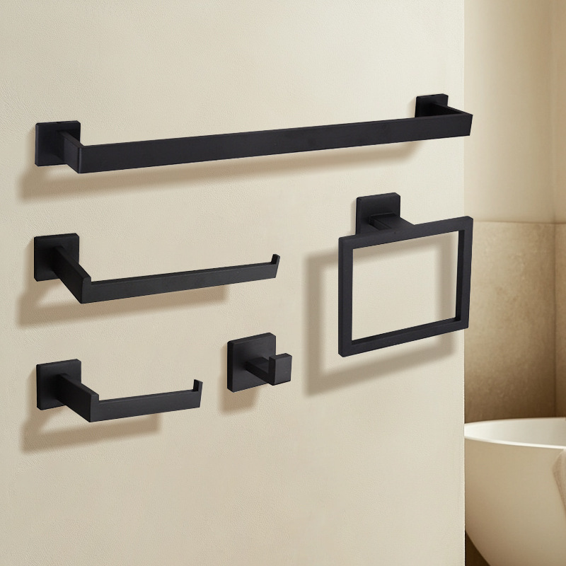 Cross-Border Stainless Steel Bathroom Storage Rack Five-Piece Set Towel Paper Towel Pendant Hook Square Storage Rack Set