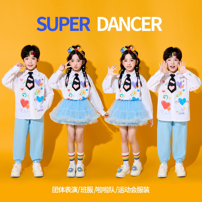 Костюмы для чирлидеров для детей, униформа для спортивных мероприятий начальной школы, футболки с длинным рукавом в форме сердца, костюмы для хоровых выступлений в детском саду