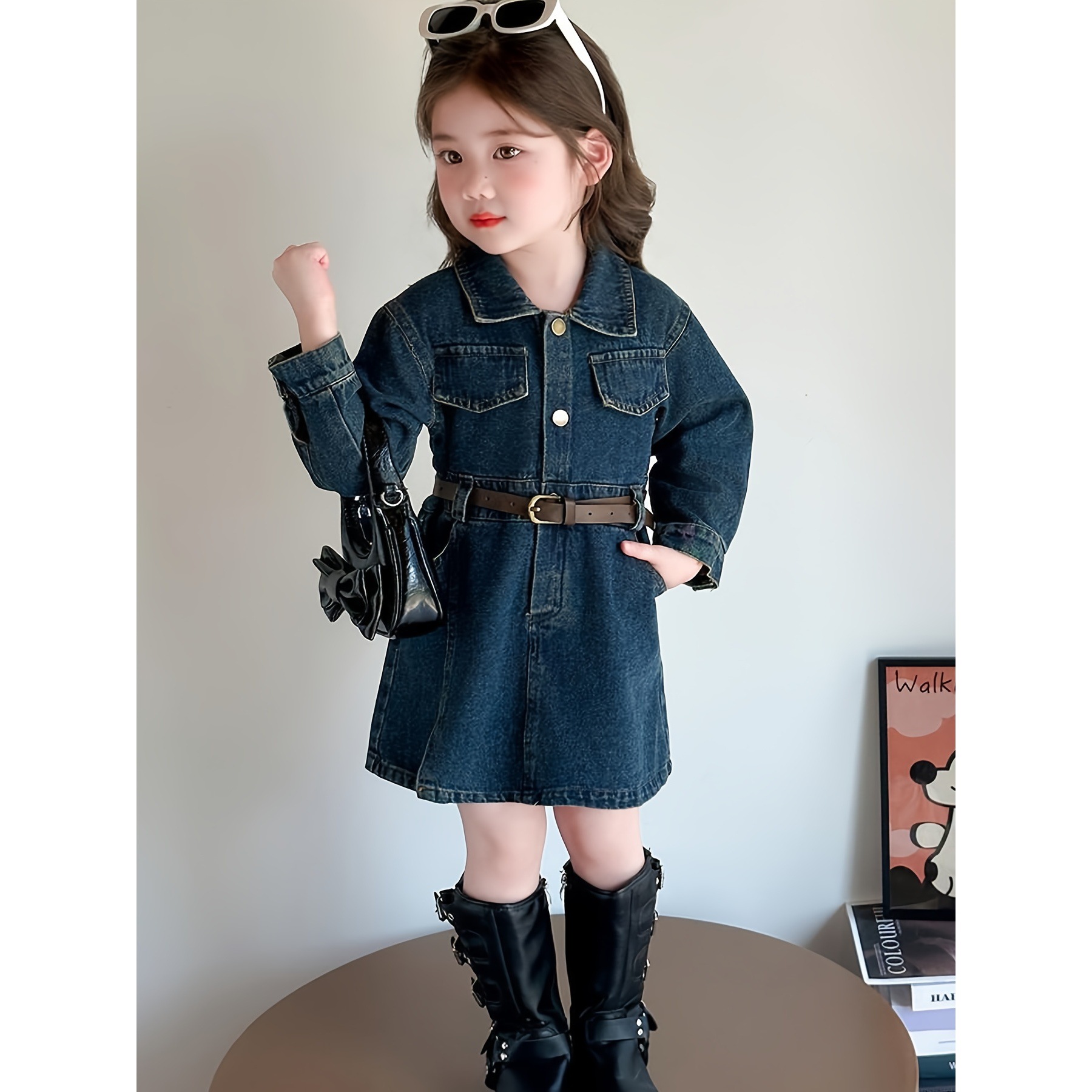 Girls' Autumn and Winter Dresses New Baby Girl Korean Style Kidsren's Fashionable Skirt with Belt Dress