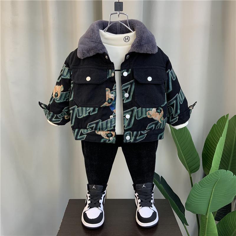 Мальчиковая вельветовая куртка в корейском стиле, серый жакет с медведем, верхняя одежда для детей