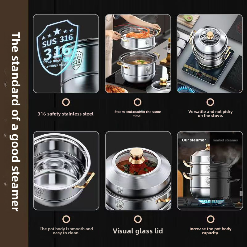 Steamer 316 Stainless Steel Household Food Grade 304 Thickeneded Soup Pot Steamed Buns Double Layer Three or Four Layers Induction Cooker Universal