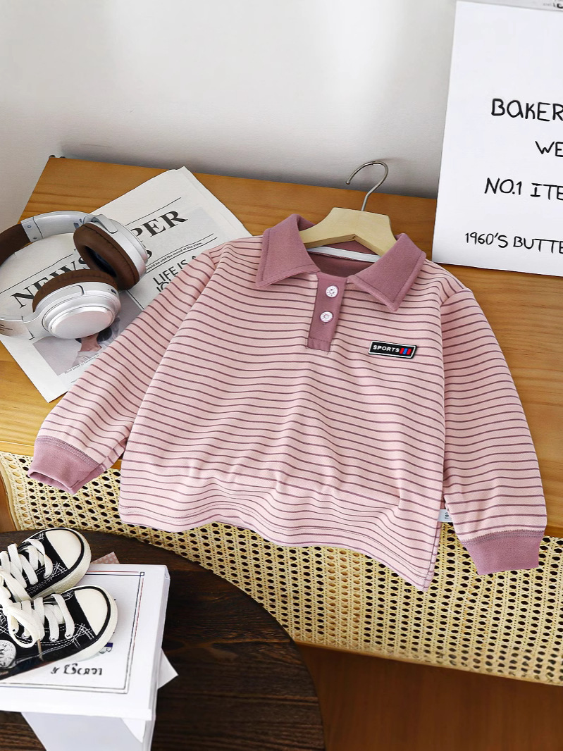 2025 Spring and Autumn Children's Base Shirt Boy's Velvet Polo Shirt New Striped Top Loose All-match Turtleneck Shirt