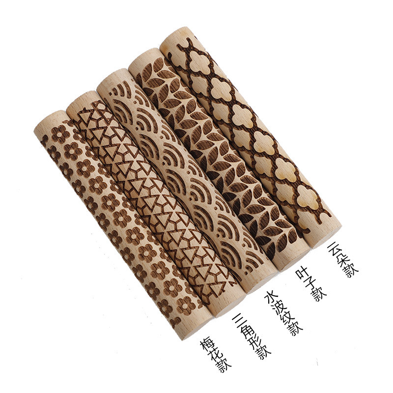 New Beech Embossed Rolling Pin Laser Engraving Pattern Printing Clay Tool Rolling Clay Stick Pressing Clay Stick Printing