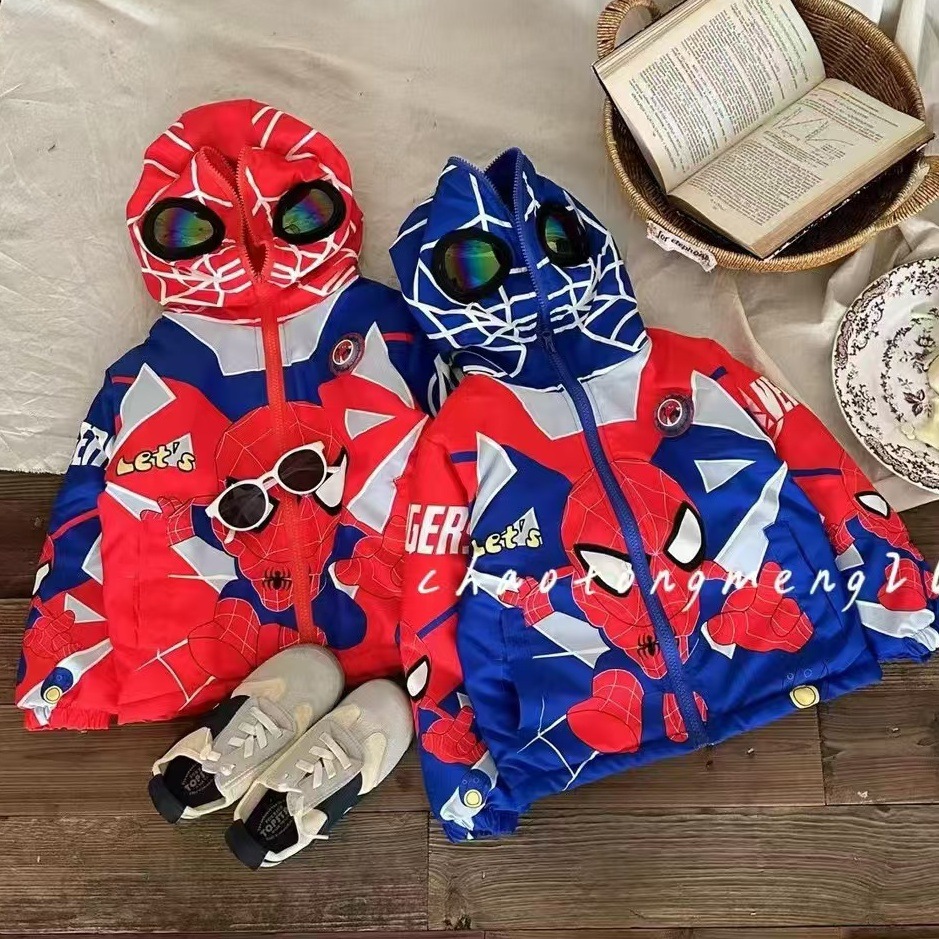 Boys' Spider-Man Jacket, Autumn and Winter Style, Fleece-Lined for Warmth, 2025 New Model, Stylish Cartoon Children's Hooded Jacket with Glasses
