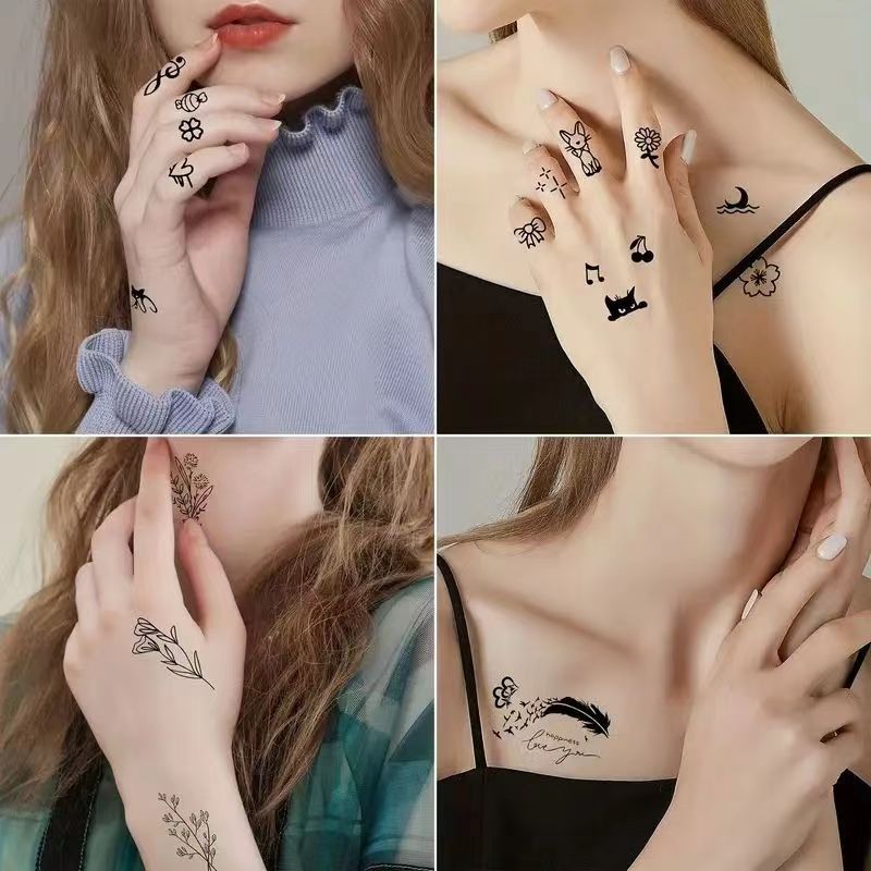 Cross-border New Style Small Fresh Tattoo Sticker Advanced Sense Plain Flower Letter English Rose Flower Tattoo Tattoo Sticker