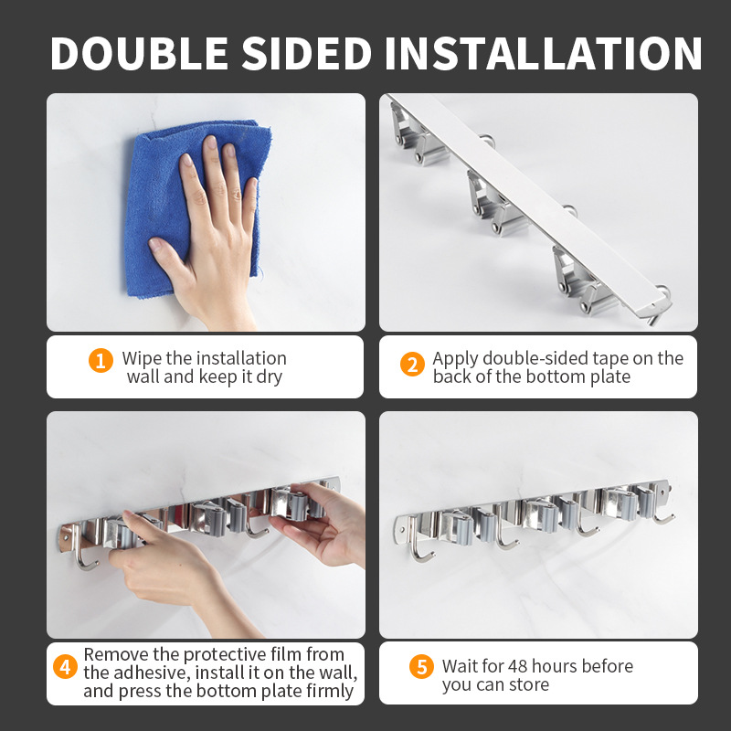 Black Mop Hook No-Drill 304 Stainless Steel Mop Clip Hanger Wall-Mounted Broom Mop Holder Adhesive Hook