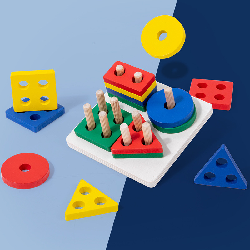 Star Moon Four Sets of Pillars Wooden Montessori Early Education Toys Geometric Shape Sets of Pillars Benefit Intelligence Cognition Building Blocks Matching