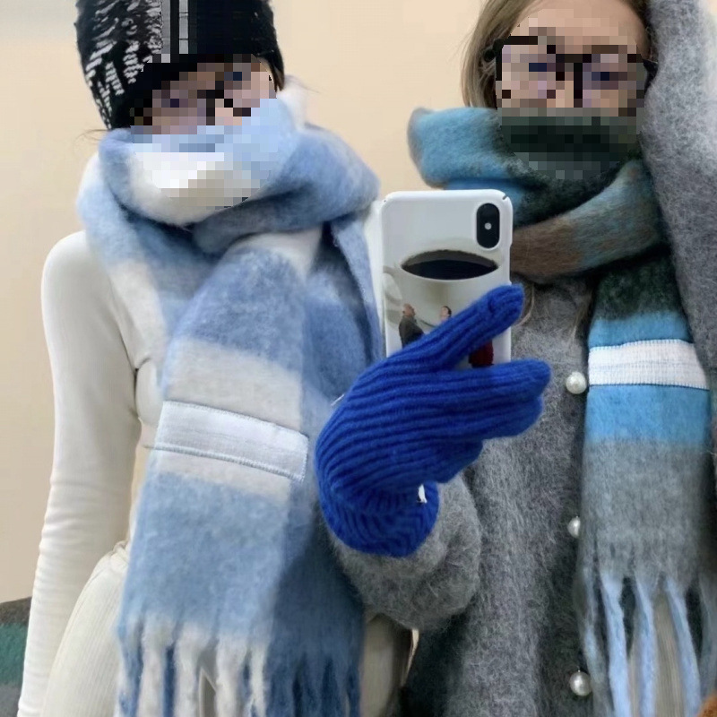 Autumn and Winter New Thickened Warm Rainbow-Colored Plaid Scarf European and American Loop Yarn Thick Tassel Color-Blocking Shawl