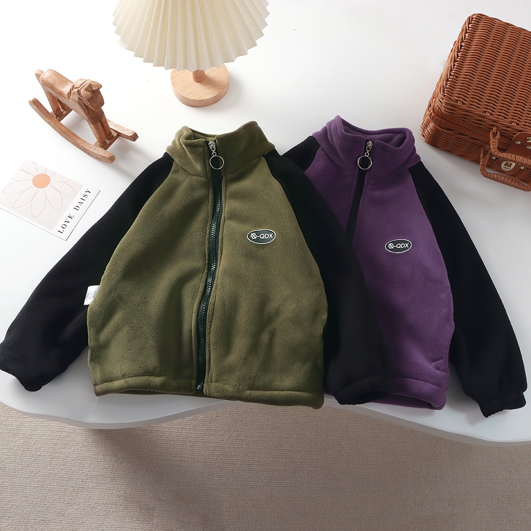 Children's Velvet Thickeneded Outwear Autumn and Winter Casual Color Matching Outer Wear for Boys and Girls Korean Style Winter Cotton Zipper Shirt