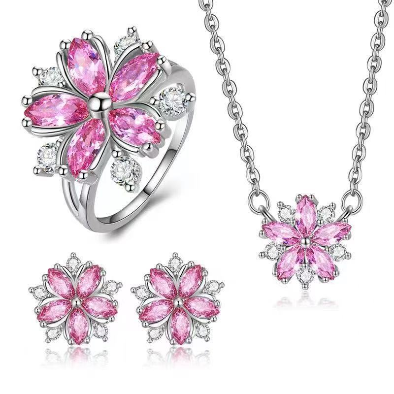 Platform New Romantic Sakura Set Necklace Zircon Flower Pink Necklace Set Earrings Women Korean Style Petals