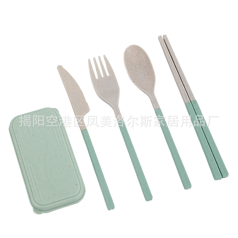 Folding Portable Tableware Set Wheat Straw Cutlery Box Knife, Fork, Spoon and Chopsticks Three-Piece Set Detachable Commercial Gift