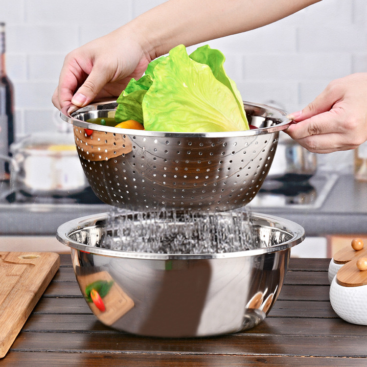European-Style Large Stainless Steel Cooking Bowl with Rim, Rice Sieve, Draining Seasoning Jar, Household Kitchen Egg-Beating Bowl, Baking and Mixing Bowl