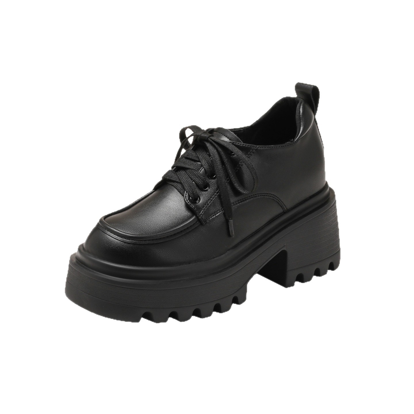 Genuine Leather Height-Increasing Thick-Soled Black Leather Shoes for Petite Individuals, British Style Summer Lace-Up High-Heeled, Low-Heeled, Chunky-Heeled Loafers