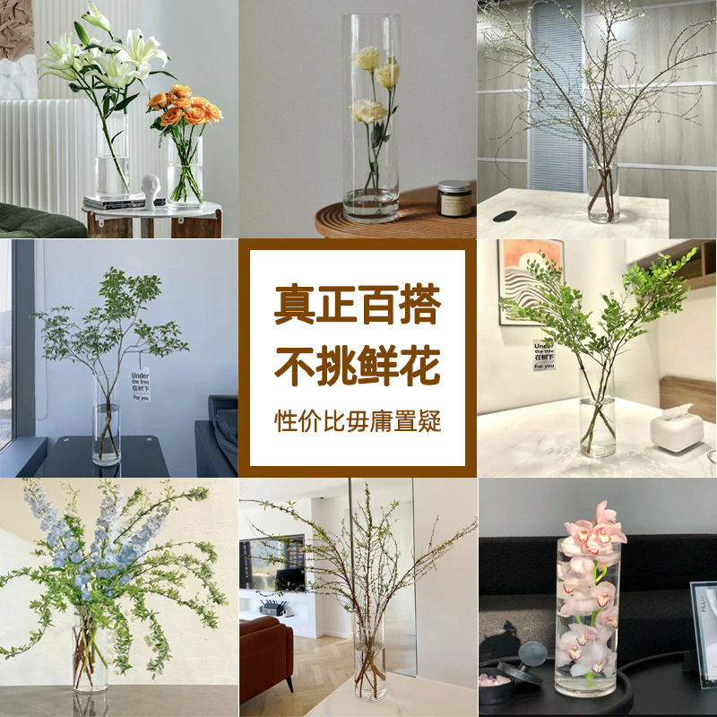 High Borosilicate Glass Hydroponic Plant Bottle Transparent Floor-Standing Rich Bamboo Vase Straight Round Flowers Dining Table Ornaments