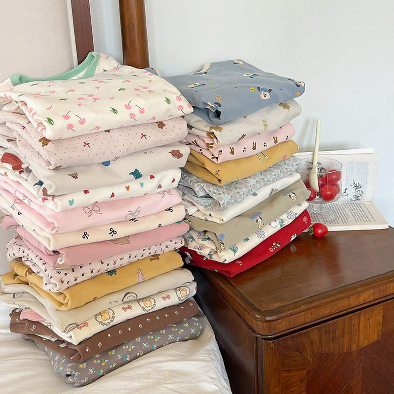 Детские пижамы класса а Чистый хлопок Безкосточный набор 280г Шершавая домашняя одежда для мальчиков и девочек Мультяшные вещи для младенцев