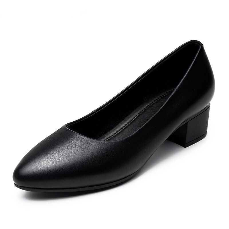 Low Heel Stewardess Work Shoes Women's Black Leather Shoes Thick Heel Work Long Stand Not Tired Feet Soft Sole Comfortable Career Interview Shoes