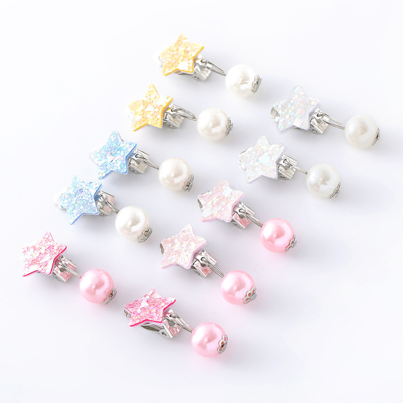 European and American Hot-Selling Children's Shiny Five-Pointed Star Ear Clips Imitation Pearl Pendant Earrings Fashionable Versatile Jewelry Ready for Sale