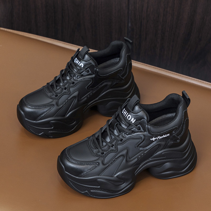 2025 Spring Women's Shoes New Style Height-Increasing Casual Dad Shoes White Shoes Wedge Platform Thick Sole Mesh Single Shoes with Fleece Lining