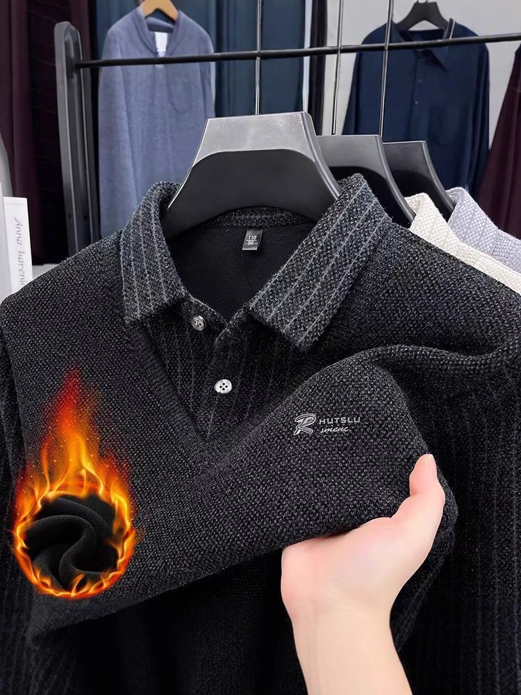 Trendy Chenille Faux Two-Piece Fleece-Lined Thickened T-Shirt Sweater for Men, New Autumn and Winter Versatile Warm Top