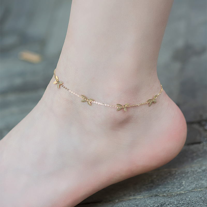 14K Gold Anklet Women's Light Luxury Commuting Plain Gold Gold Jewelry Glossy Double Leaf Butterfly Anklet 40314