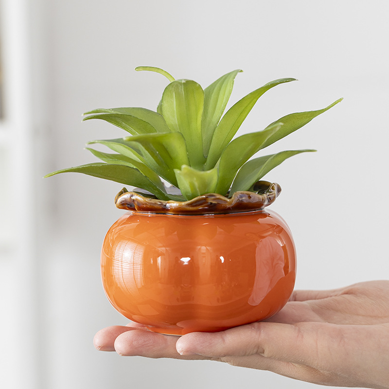 Creative Persimmon Green Flower Hydroponic Flower Pot Simple Ceramic Water-nourishing Green Plant Vase Indoor Desktop Decorative Container Ornaments