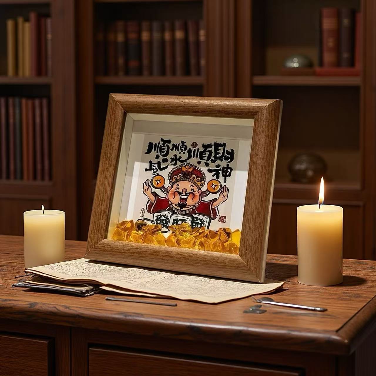 Calligraphy and Painting Small Ornaments, Internet Celebrity Decorative Paintings, God of Wealth Photo Frames, Wealth-Attracting Ingot Desktop Photo Frames, Chinese Style, New Chinese Style