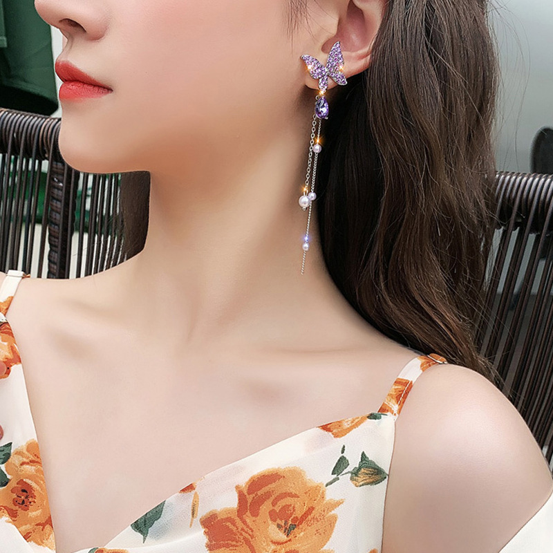 Fairy and Sweet Butterfly Earrings, High-End Lady Style Long Tassel Slimming Earrings for Women Factory Wholesale