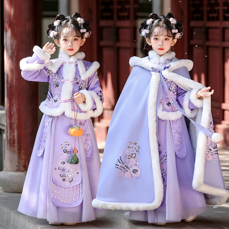 Платье принцессы в китайском стиле для девочек, утепленный плащ, древний стиль династии Хань, зимняя одежда с флисовой подкладкой