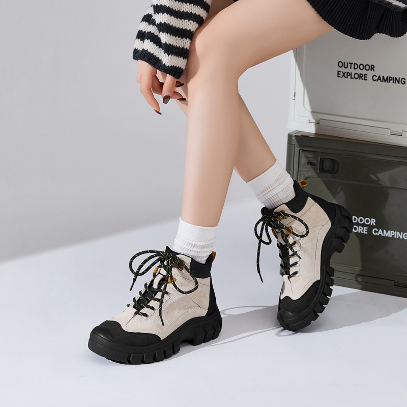 2538 Travel Workwear Outdoor Velvet Boots Women's Thick-Soled Inner Heightening British Style Hiking and Mountaineering Short Boots