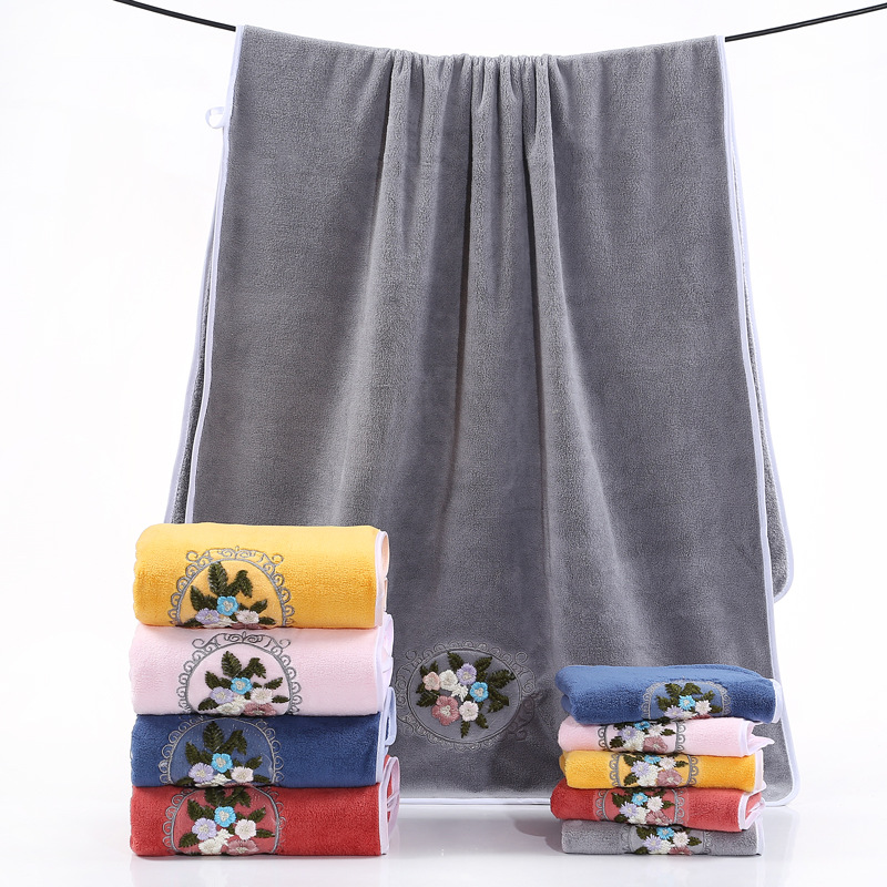 Wholesale Coral Velvet Embroidered Floral Bath Towel Towel Set Cross-Border Hot Sale Spot High-End Edge Multi-Color Towel Set