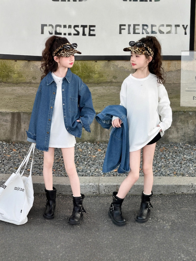 Girls' Denim Shirt 2025 Autumn New Style for Older Girls, Children's Autumn White Crew Neck Base Shirt