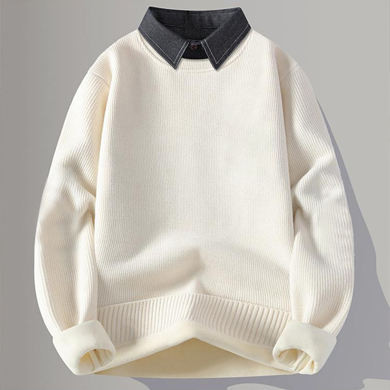 Sweater Autumn and Winter Vacation Two-Piece Sweater Men's Shirt Collar Sweater Fleece-Lined Thickeneded Warm Top with Knitted Sweater Inside