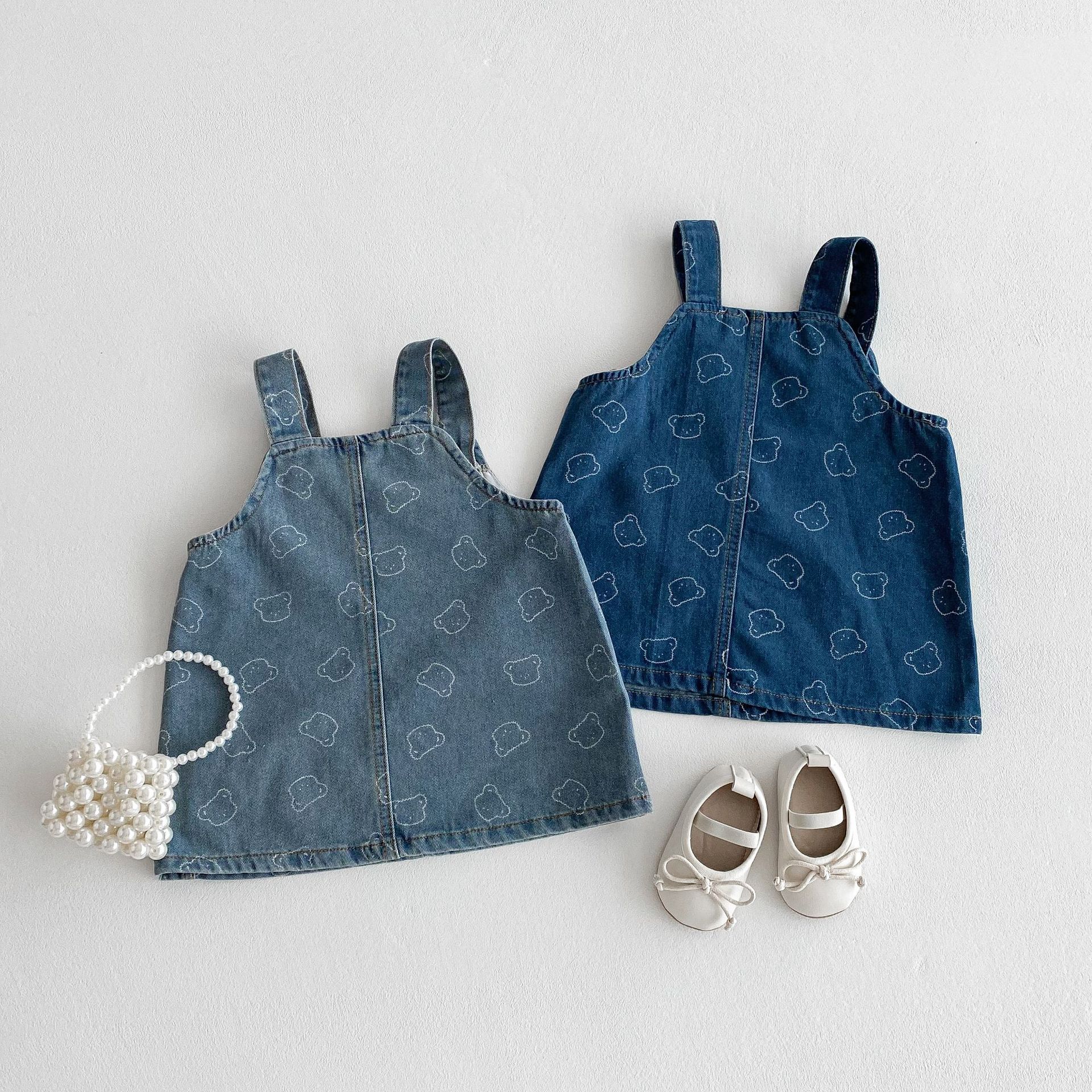 Ins Korean Style Girls' Strap Dress 2025 Spring and Summer New Arrival 1-8 Years Old Baby Girl Princess Cute Bear Denim Dress